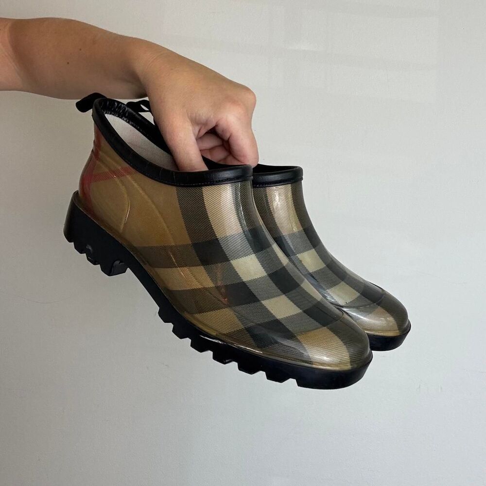 Burberry Nova Check Brown and Black Ankle Raining Boots Made in Italy